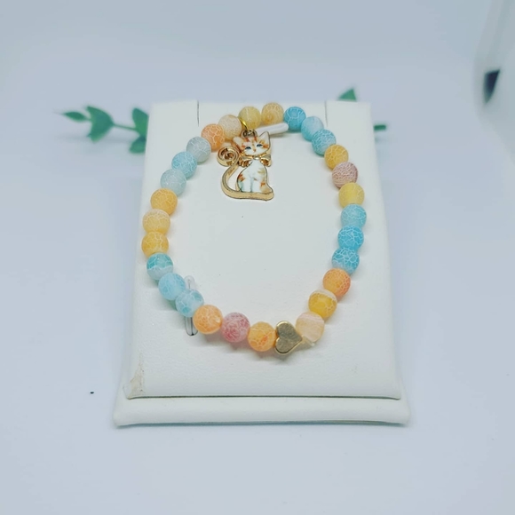 Kids Bracelet with Agate and Enamel Kitten charm - Picture 2 of 4